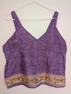 Unique Purple Floral V-Neck Cami/ Cropped Tank with Yellow Border